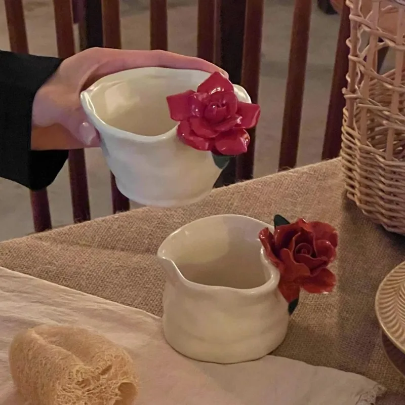 Ceramic handmade three-dimensional red rose coffee cup hand-painted underglaze latte flower