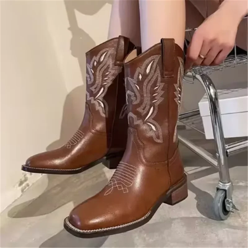 Women Retro Mid Calf Western Cowboy Motorcycle Boots Female Autumn Embroidered Square Toe Chunky Heel Fashion Design Brown Boots