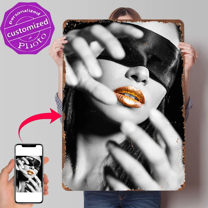 Póster Metálico Retro Vintage de Mujer con Antifaz y Labios Dorados, Letrero Decorativo para Habitación de Fans, Decoración de Pared, Casa de Videojuegos