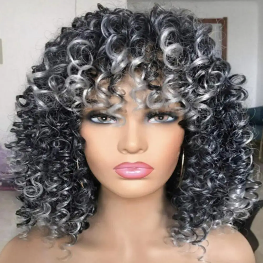 Wig keriting gaya Afrika wanita, produk penutup kepala Wig berwarna halus dengan poni temperatur tinggi sutra