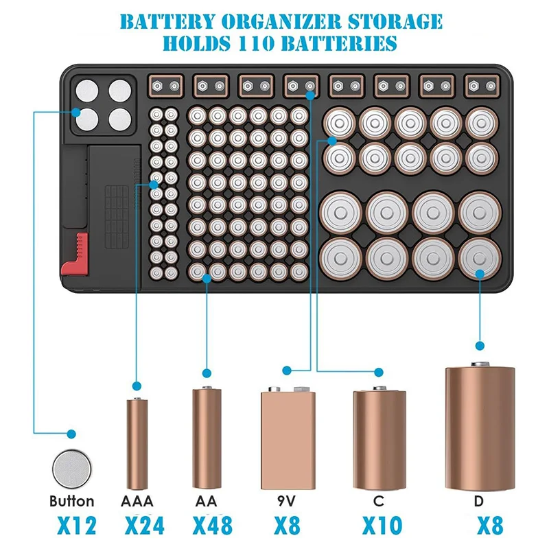 Battery Storage Box Organizer Holder With Digital Display And Tester For Battery Level Check For AAA AA C D 9V