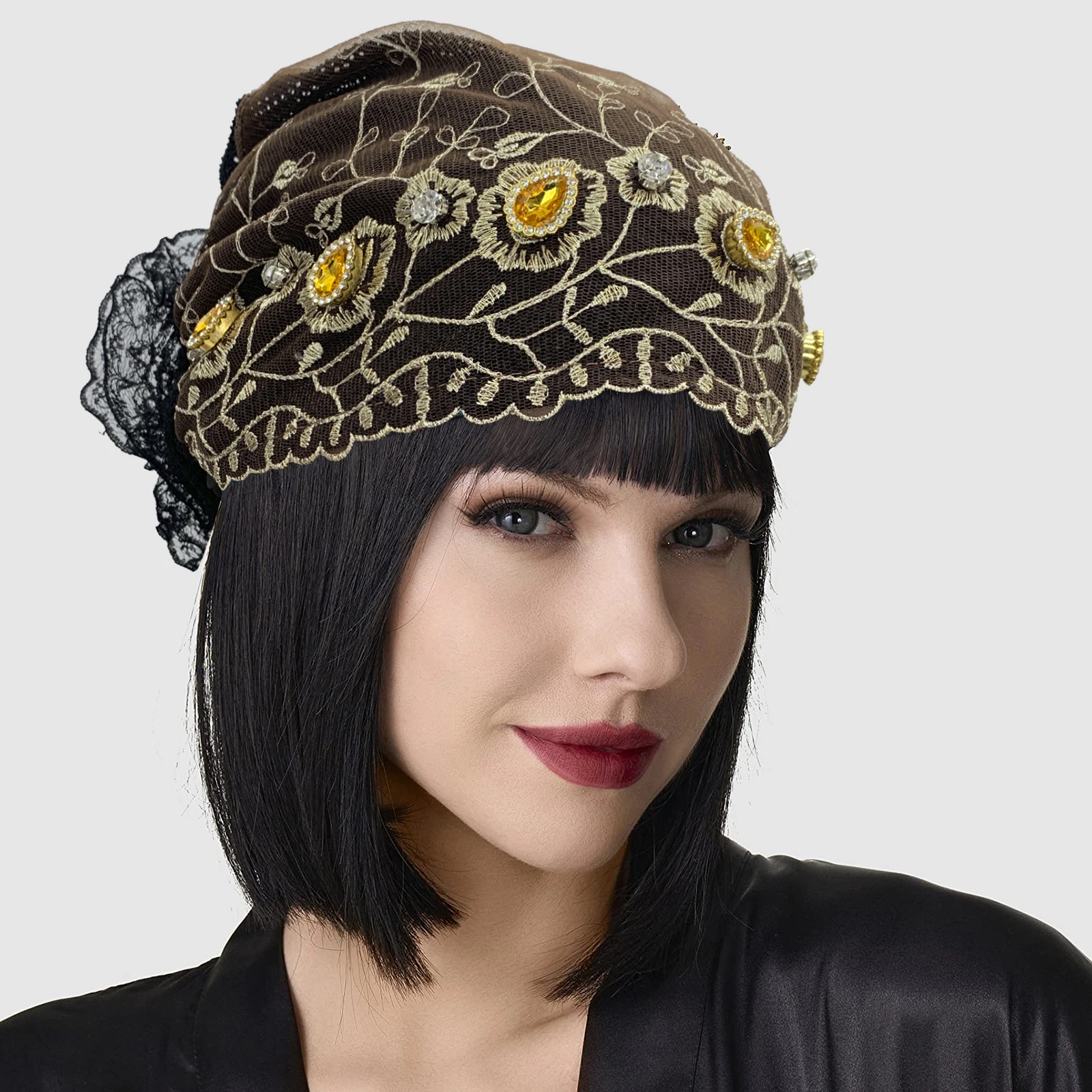 Embroidery Beading Women\'s Lace Turban Cap Muslim Women Summer Head Cover Caps Islamic Headwear Bonnet Female Head Wraps
