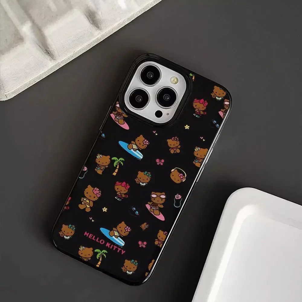 Black Skin Hello Kitty Sexy Bow Strap Mirror Phone Case For iPhone 16 15 14 13 12 11 Pro Max XR XS MAX 7 8 Plus MINI Y2K Cover