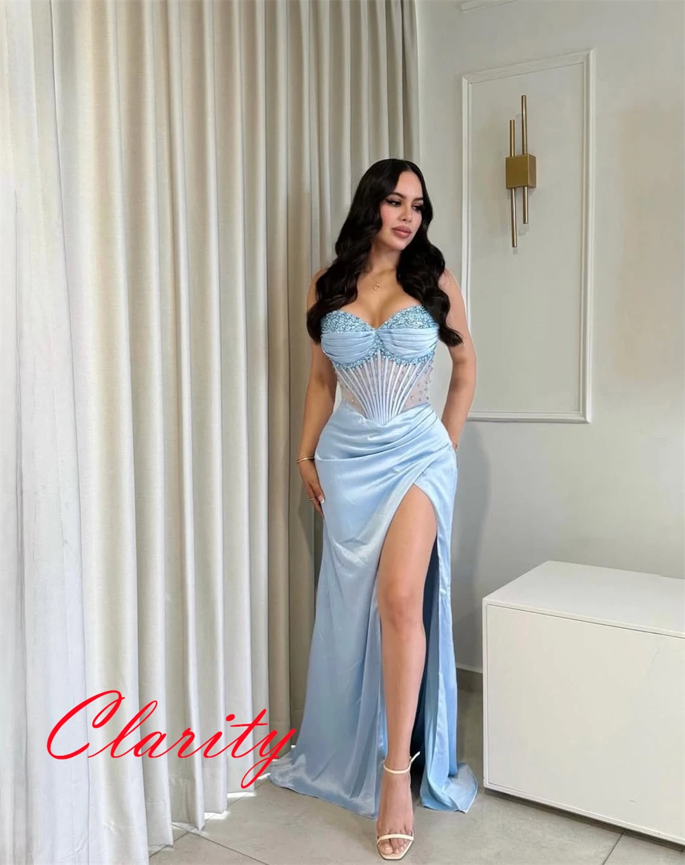 

Customized Delicate Blue Satin Evening Dress Exquisite Strapless Pearls Prom Dress Chapel Train Mermaid Bespoke Occasion Gowns