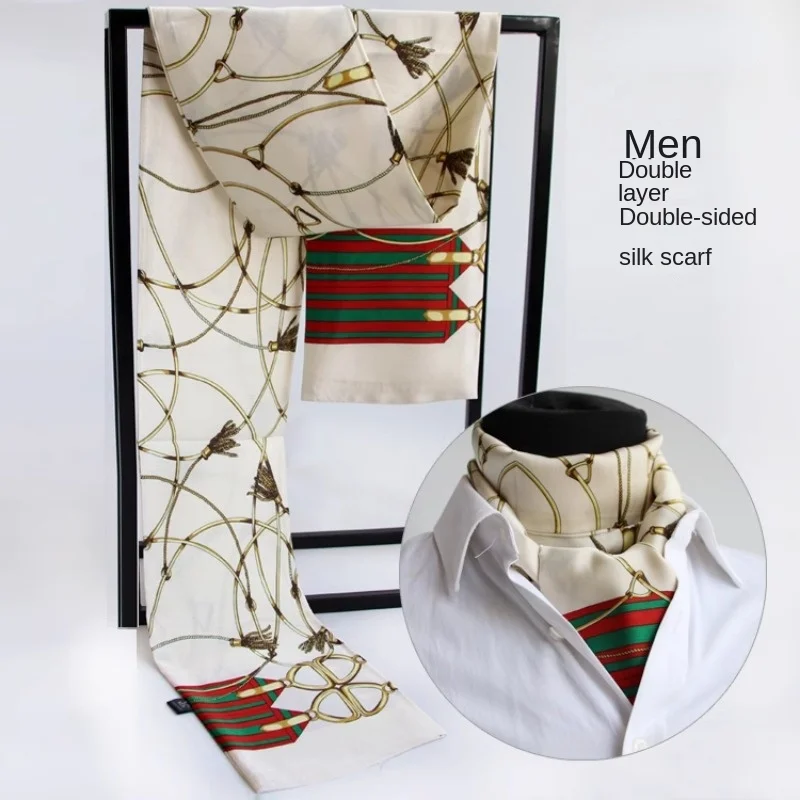 Men's silk scarves versatile British strip printed narrow scarf Korean version women's retro suit decorative small scarf