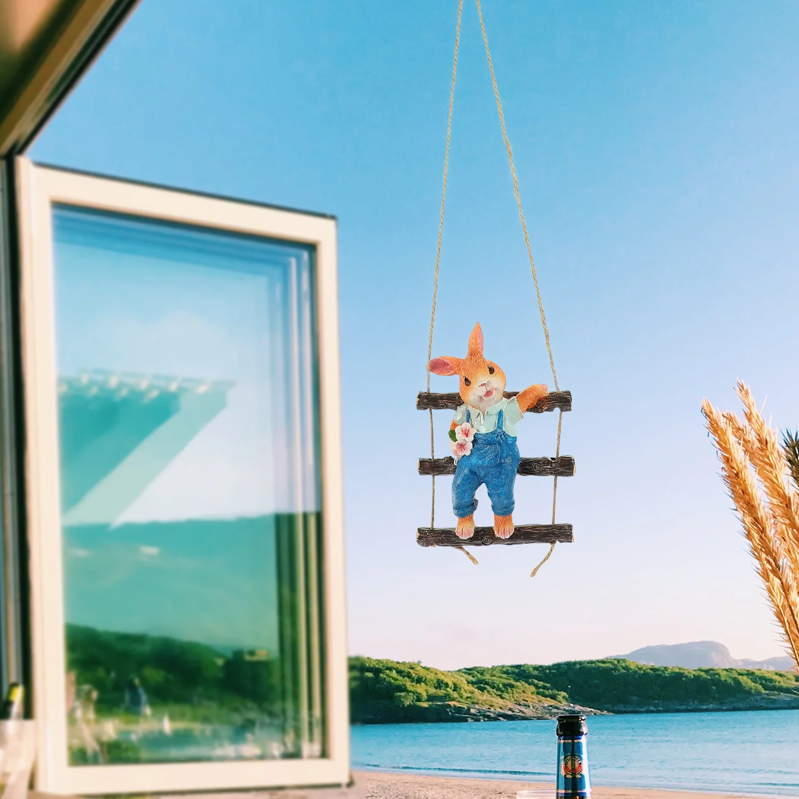 

1Set Hanging Rabbit Decor Resin Craft Rope Ladder Wall Door Indoor Outdoor Decoration Rabbit Hanging Decor