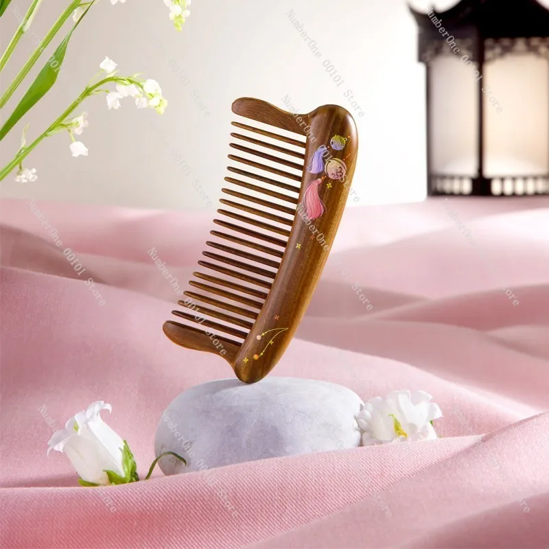 Elegant Green Sandalwood Hair Comb Scalp Massage Meridian Acupressure Detangling Anti Static Smooth Hair Care Tool Gift Box Pack