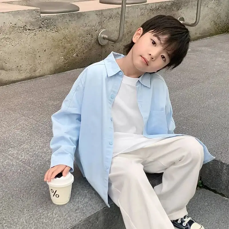 Spring and Autumn Boys' Shirt New Thin Long Sleeve Loose Top Middle and Large Boys' Outerwear Shirt