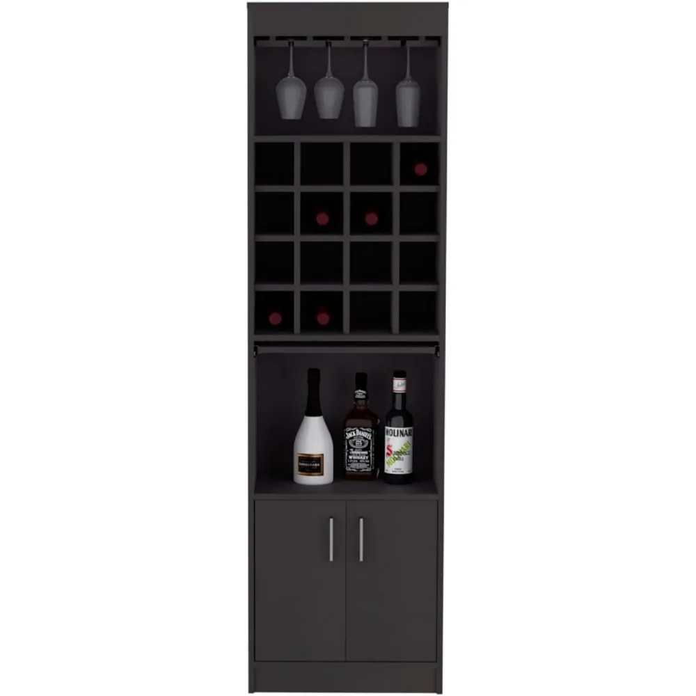 Kabinet Bar Athens Kava, 16 Rak Anggur Bawaan, Kabinet 2 Pintu, 2 Rak, Hitam