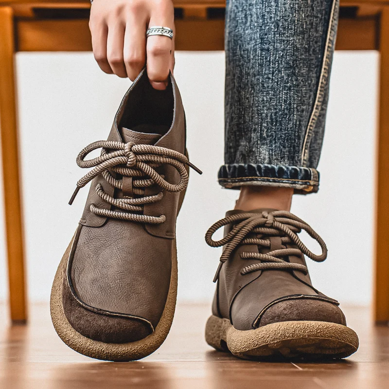 Sepatu Vintage Cokelat untuk Pria, Boots Pendek Nyaman, Sneakers High Top Pria untuk Kerja Kasual, Sepatu Kulit Pria Ukuran Besar 46