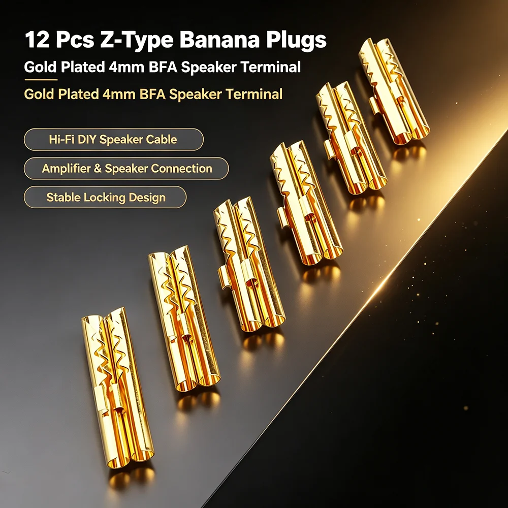 12Pcs Z‑Type 4mm BFA Banana Plugs Gold Plated HiFi Speaker Wire Terminal Connector for DIY Speaker Cable Amplifier