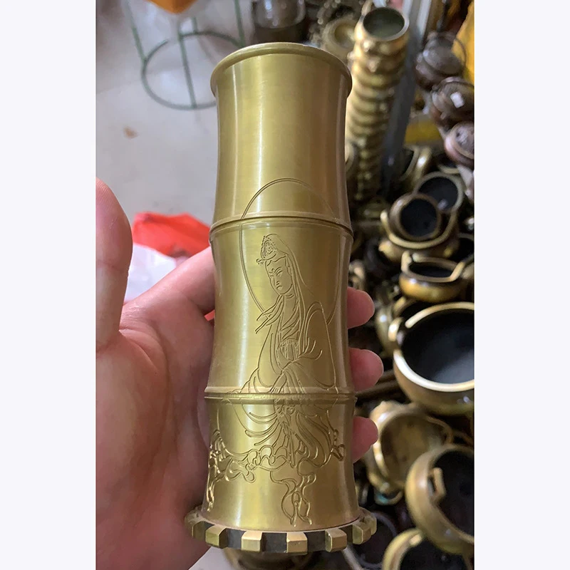 Exquisitely crafted copper holder, Guanyin tube for worship, home decoration, brass Buddhist temple incense orna