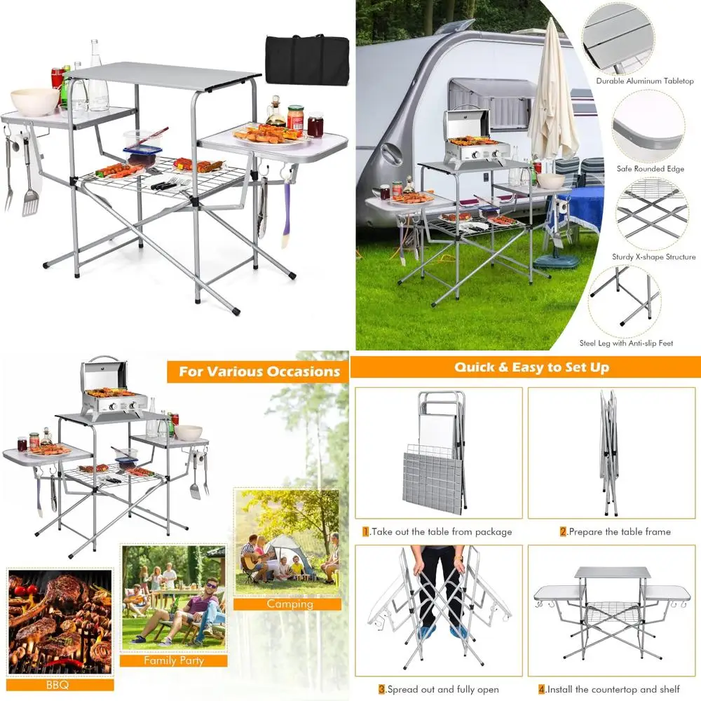

Portable Aluminum Folding Camping Table with 26 Main Tabletop, Quick Setup, Outdoor Camping, Carrying Bag Included