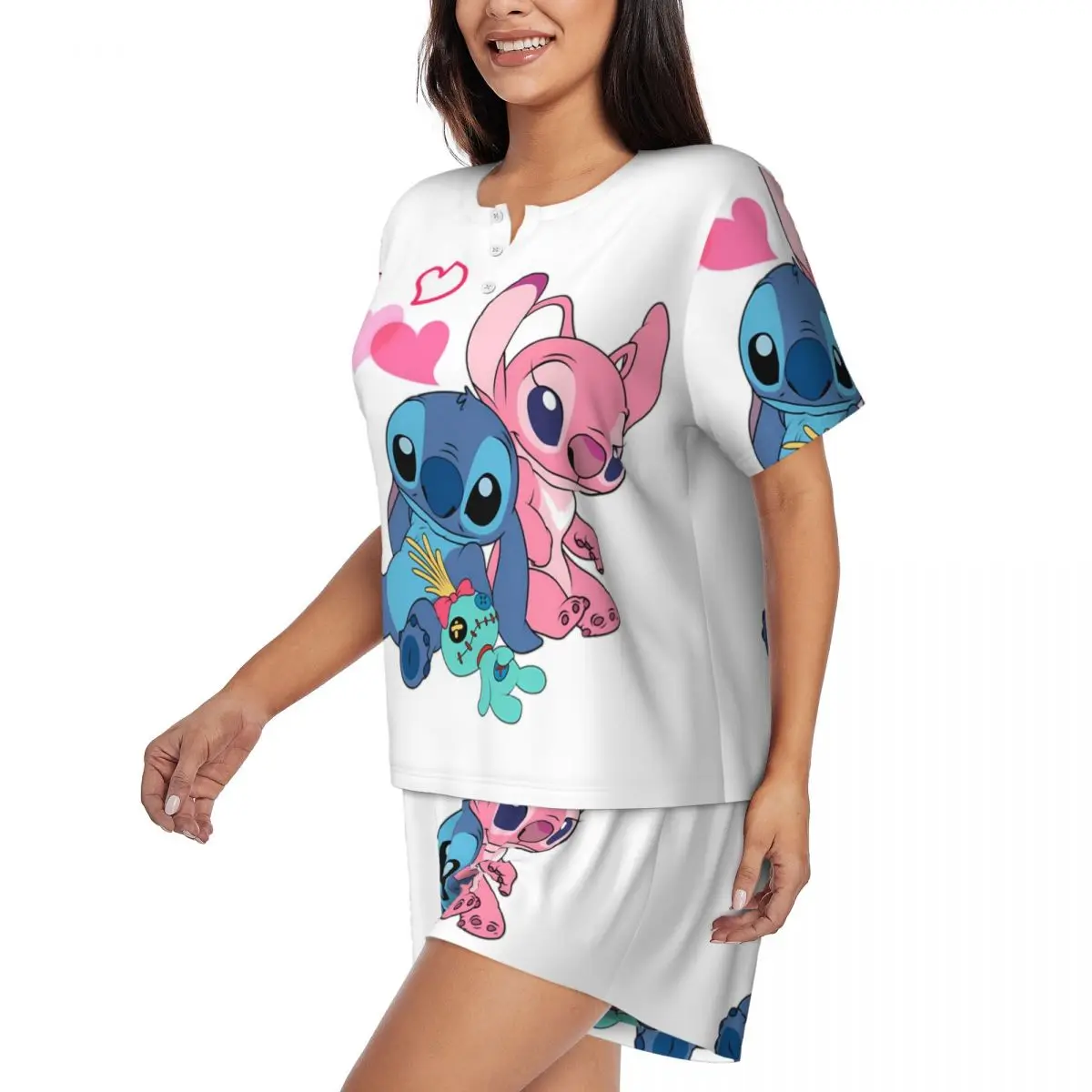 Custom Stitch And Lilo Stitch Angel Love Pajamas Set for Women Short Sleeve Sleepwear Loungewear 2 Piece Pjs