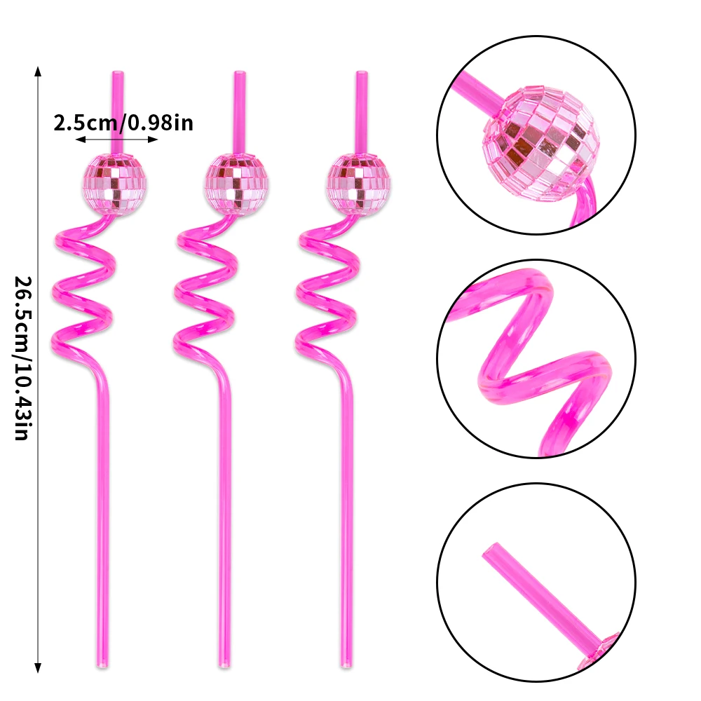 6/8pcs Pink Disco Ball Swirly Straws Set Cocktail Straws Disco Bachelorette Decorations Groovy 70s Disco Birthday Party Supplies