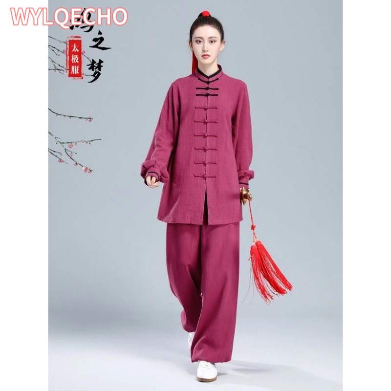 2024 Chinese Tai Chi Uniform Traditional Cotton Linen Wushu Taiji Morning Exercise Team Taichi Stage Performance Kungfu Uniform