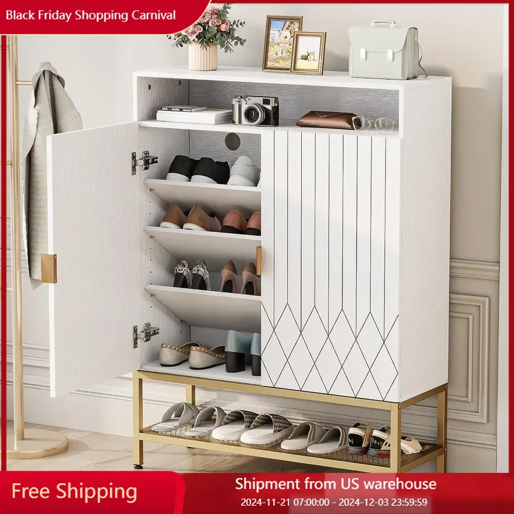 7-Tier Shoe Storage Cabinet,Shoe Rack Organizer Cabinet with Adjustable Shelves Buffer Hinge,Freestanding Shoe Cabinet Storage