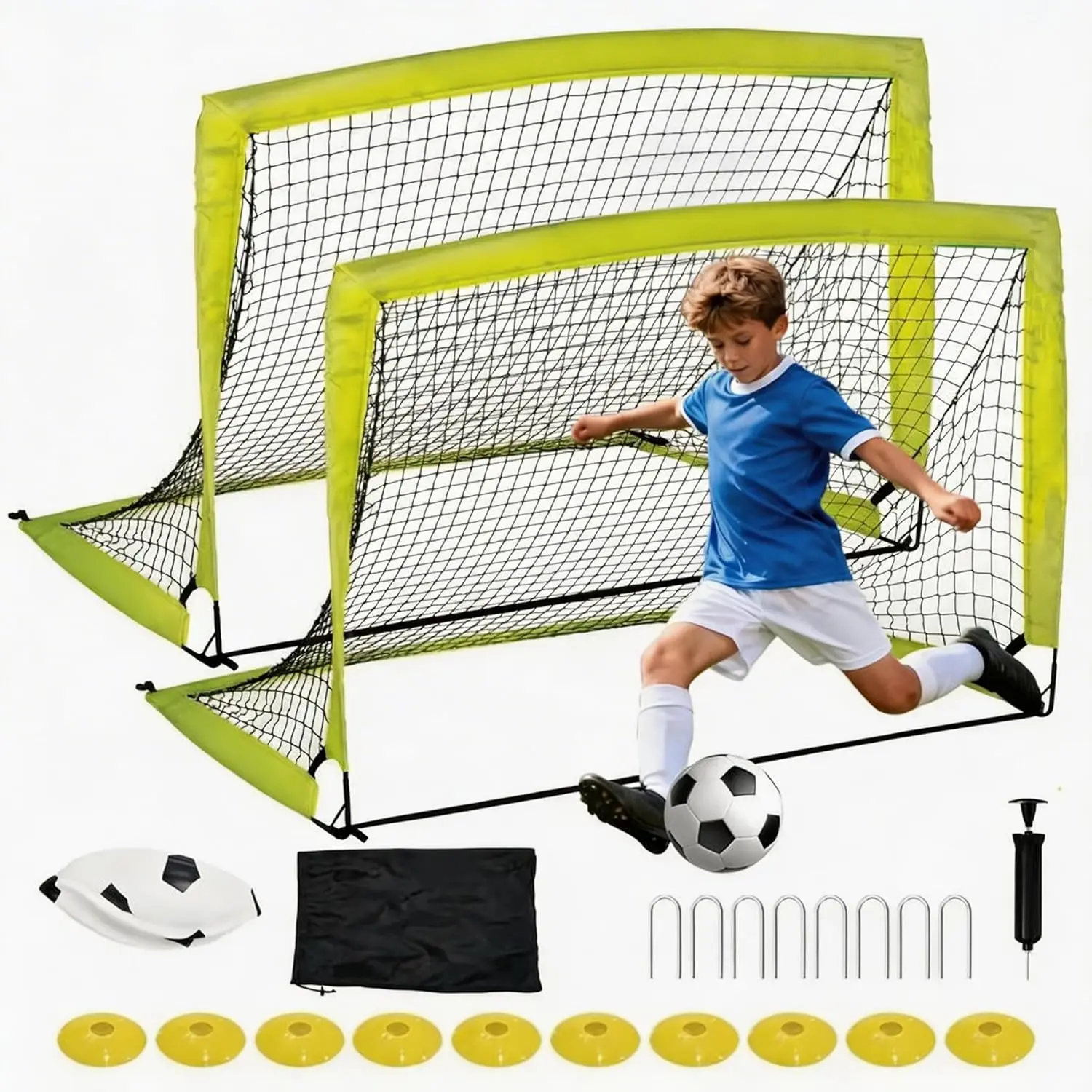 

2 Pack Portable Pop Up Soccer Goals with Ball, Cones & Stakes for Backyard Training and Competitive Play