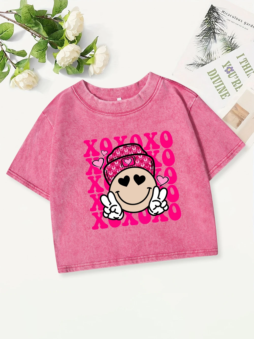 ฤดูร้อน Cotton Crop Tops สตรี Xoxoxo หัวใจพิมพ์ล้างเสื้อยืดลําลอง O-คอปกติ Fit Streetwear Y2K Womans เสื้อผ้า