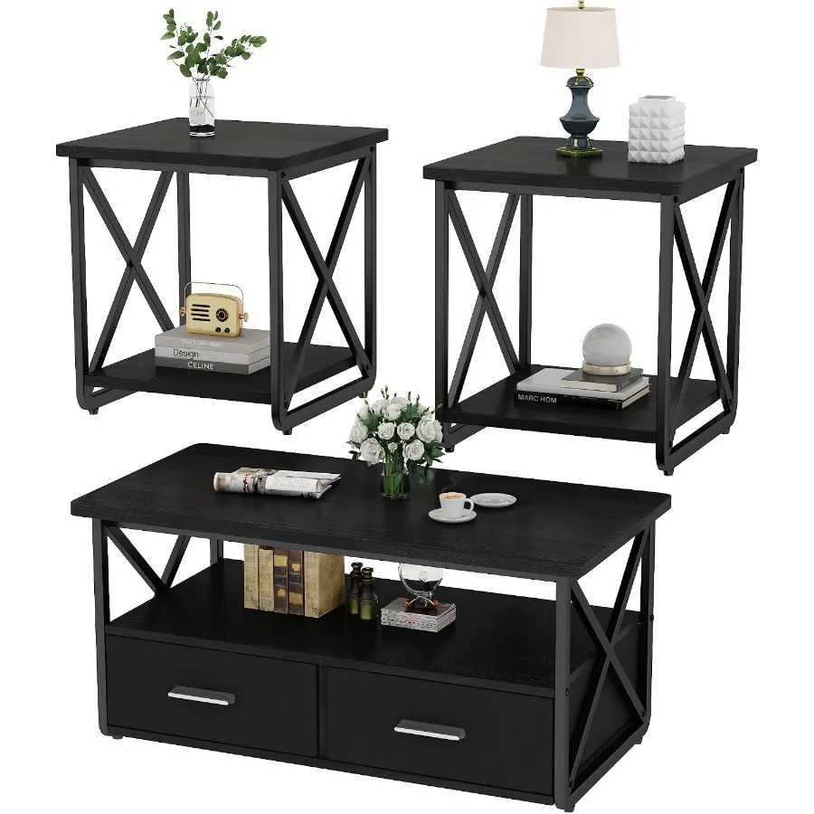 Living room coffee table set: rustic wood and metal frame, beige fabric drawers, industrial farmhouse style, 3 pcs with storage