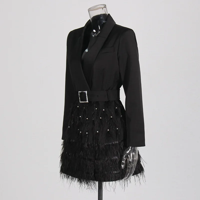 

Mingyuan Style Lace Up Waist Slimming Short Skirt 2025 New Heavy Industry Nail Bead Feather Design Sense Suit Dress For Women