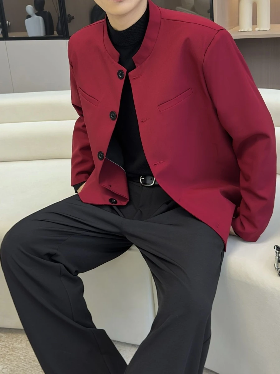 

Ретро-пиджак винного цвета с подплечниками для мужчин, осенний модный повседневный пиджак приталенного кроя с длинными рукавами, широким воротником, без карманов