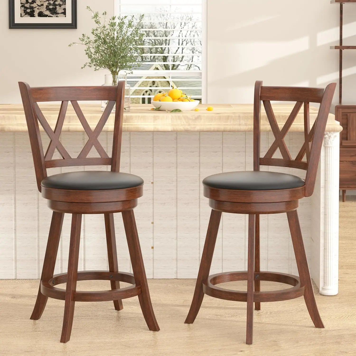 

Поворотные барные стулья высотой 24 дюйма — вращающиеся табуреты с высокой спинкой, мягким сиденьем и подставкой для ног из цельного дерева, барные стулья.