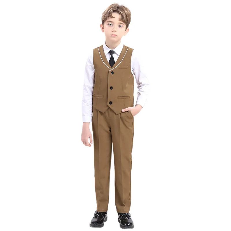 Children Spring Khaki Vest Shirt Pants Tie Photograph Suit Boys Formal Ceremony Tuxedo Dress Kids Wedding Performance Costume