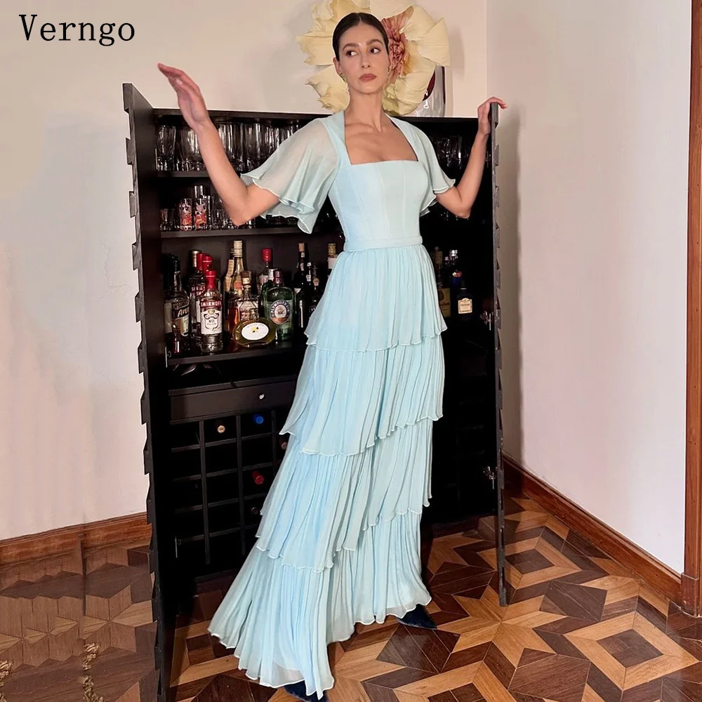 

Verngo Light Blue Chiffon Prom Gowns Square Collar A Line Tiered Evening Dress For Women Lace Up Backless Elegant Prom Dress