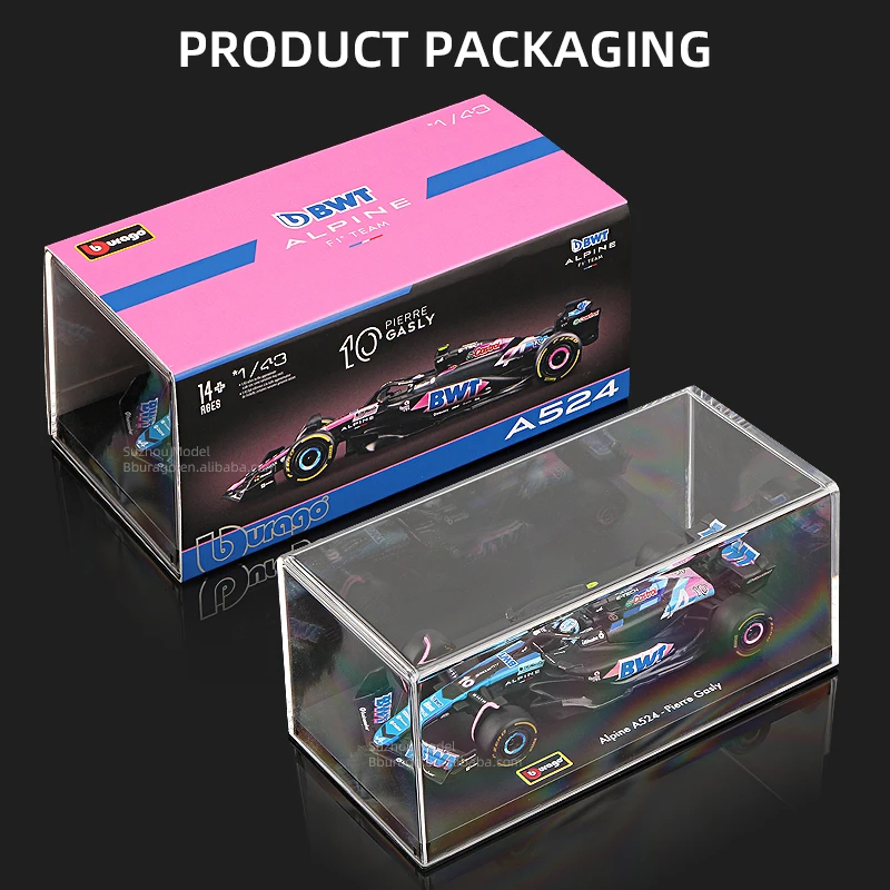 Bburago 1:43 Alpine F1 A524 com capa protetora contra poeira de figura de motorista 2024 modelo de carro de liga fundida # 10 brinquedos Pierre Gasly Ocon colecionáveis