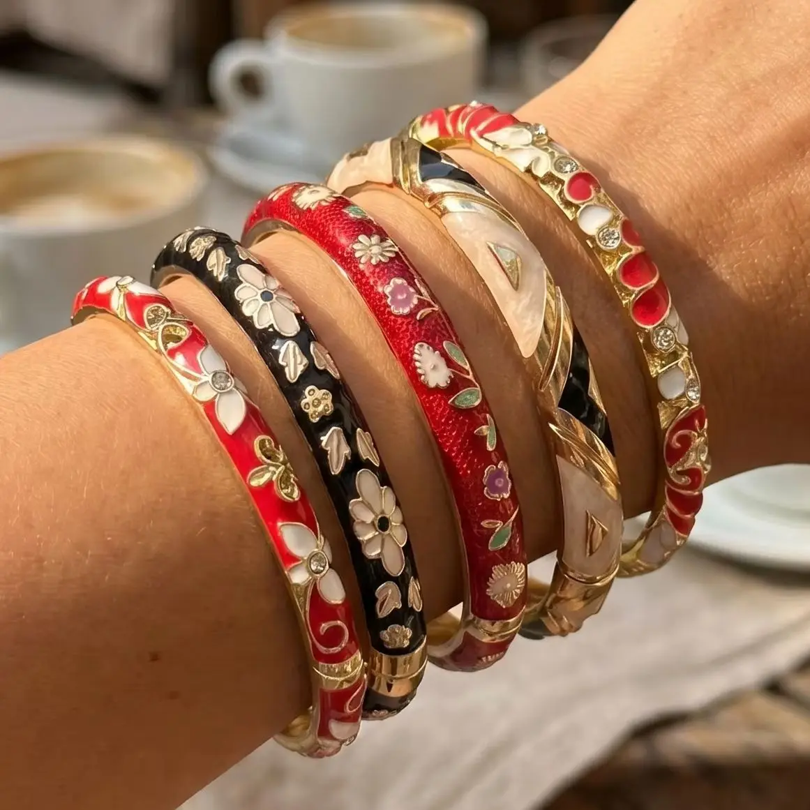Vintage Leaf Enamel Flower Spring Bracelet Set for Women Luxury Geometric Leaves Floral Bangle Party Uinque Jewelry Gift