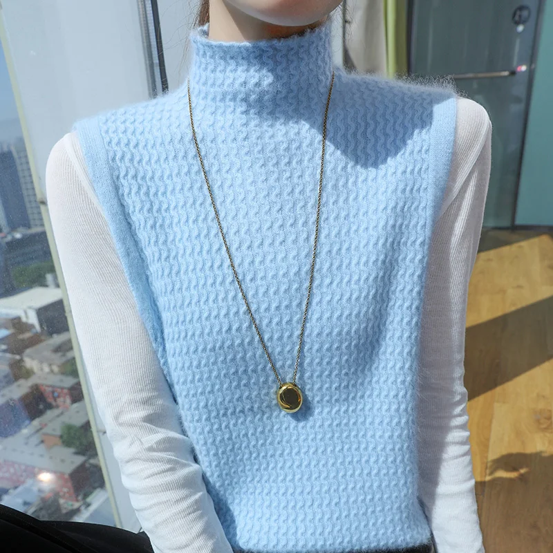 Style académique 100% vison cachemire gilet pull pull col montant sans manches tricots basique élégant femme vêtements hauts