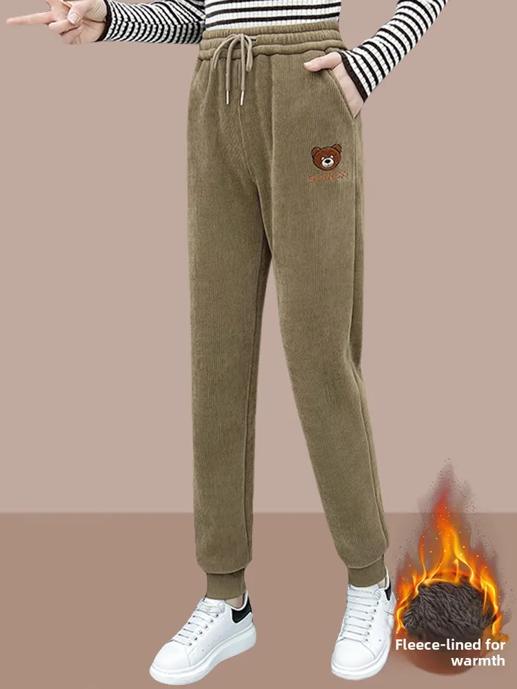 

Women's Fleece Lined Thickened Large Size Casual Pants Winter New Loose Corduroy Bear Sweatpants Fashion Sports Pants