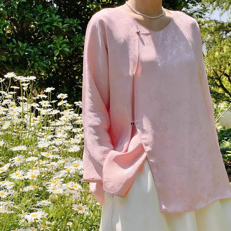 

New Spring Fashion Women's Shirt with Side Buttoned Sleeveless Design Chinese National Style Long Sleeve Casual Commute Style