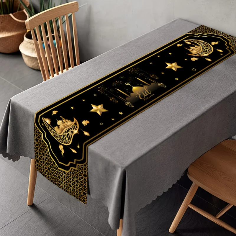 VIKAMA Black Gold Geometric Star Moon Ramadan Table Runner Light Luxury Muslim Festival Table Decoration Home Decoration