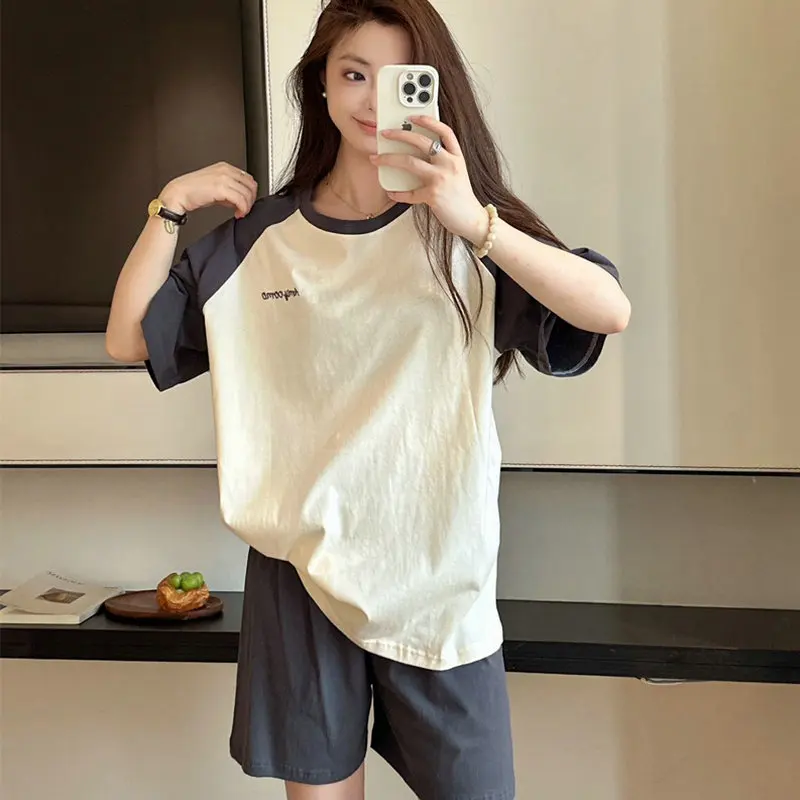 

2024 New Spring Autumn Pajamas Women's Cotton Short Sleeve Summer Thin Loungewear Set with Chest Pad