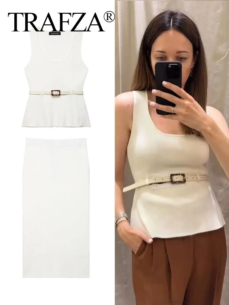 

TRAFZA Elegant Knitted Suit For Women Sleeveless Round Neck Belted Vest Top+Slit Hem Elastic Waist Midi Skirt Summer Fashion Set