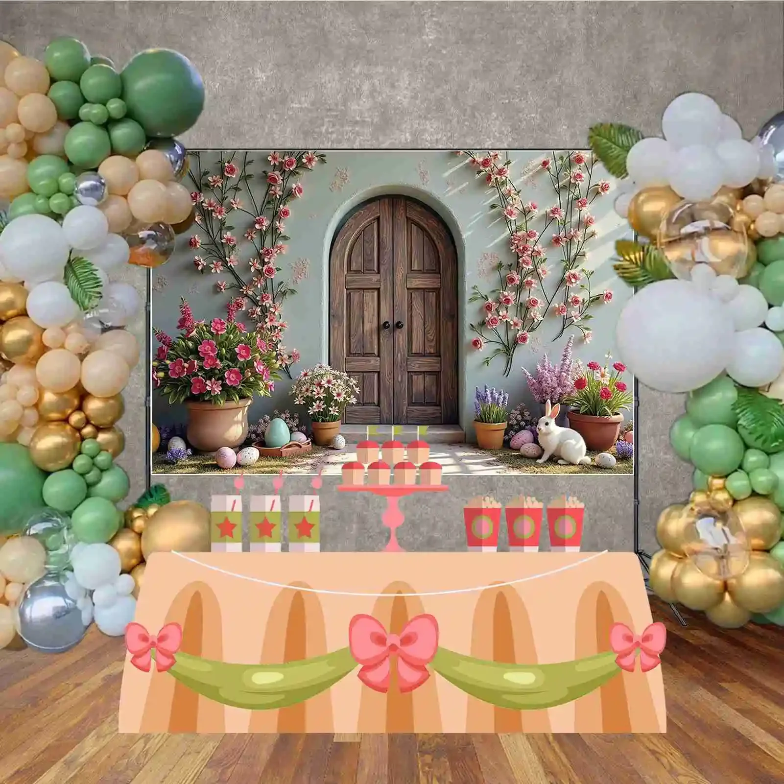 MOON.QG 행복한 부활절 토끼 사진 배경, 숲 집, 다채로운 계란 포토존 배경, 어린이 스튜디오 포토부스 소품