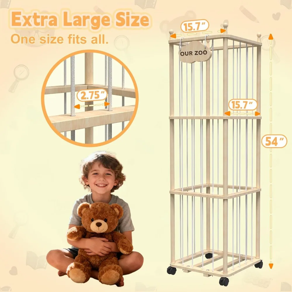 Large Wooden Plush Toy Storage Rack with Elastic Bands and Brake Wheels