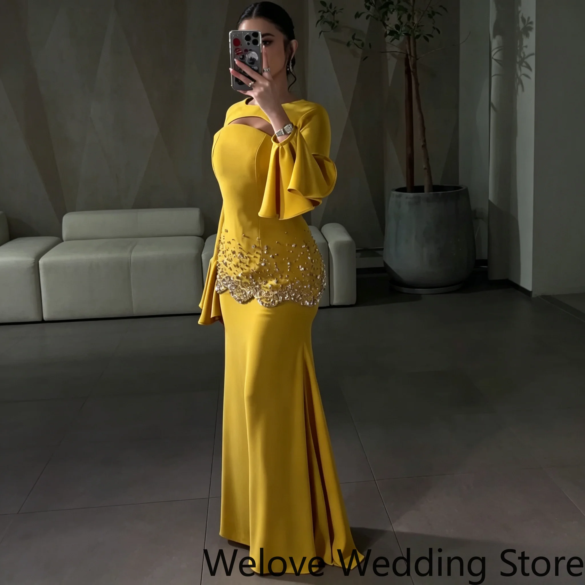 Customized Gorgeous Women Mustard Yellow Long Mermaid Evening Dress, Keyhole Cutout Neckline, Long Flare Sleeves