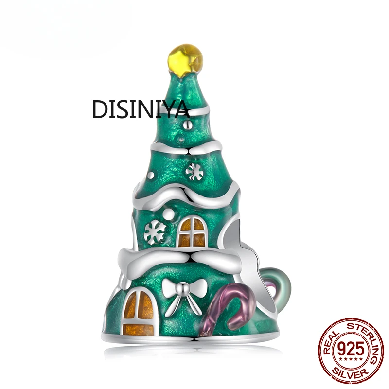 Disiniya 925 Sterling Silver Xmas Tree House Charm Bead Fit Original Bracelet DIY Bamoer Charm for Jewelry Making Christmas Gift