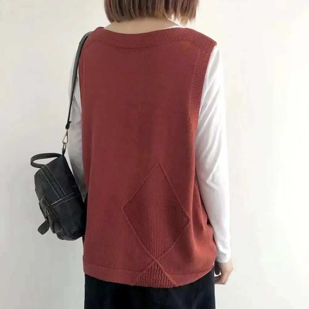 

Women Knitting Vest Sleeveless V-Neck Single Breasted Loose Fit Knitted Tank Tops with Pockets Warm Waistcoat Solid Color