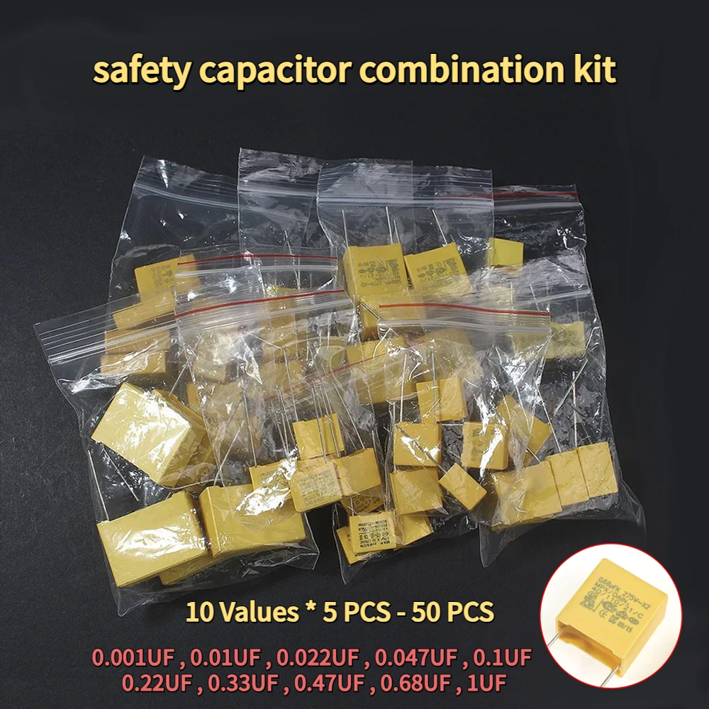 50PCS capacitor combination kit 102K~105K Polyester Film Capacitors Pack 275VAC X2 Capacitor Assorted Kit 0.047UF 0.1UF 0.22UF