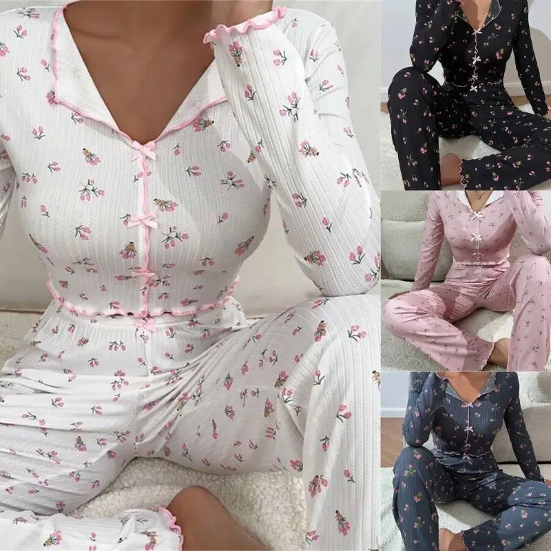L38E Womens Ribbed Pajamas Set 2Pcs Sleepwear Loungewear Floral Print Ruffle Trim Bowknot Long Sleeve Crop Top and Pants