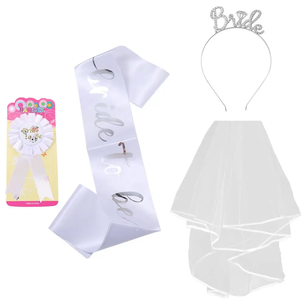 

4Pcs/set Badge Bride Shoulder Belt Satin Sash Veil Bachelorette Party Decor Bride Hairband Double Bridal Veil