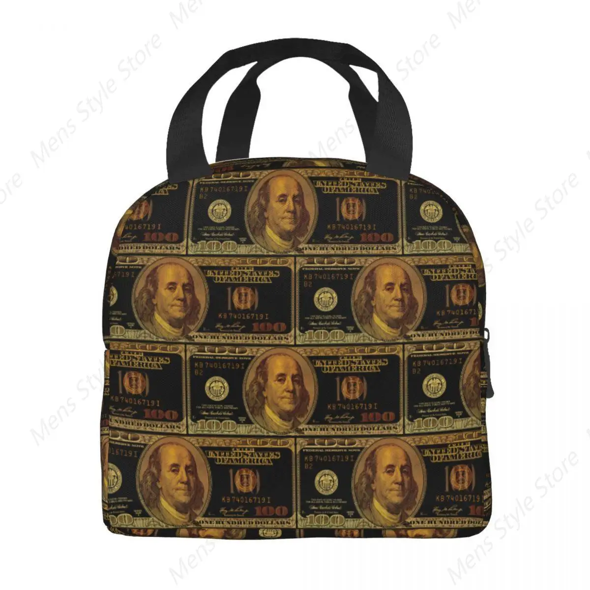 Gold 100 US Dollar Bill Insulated Lunch Bag for Women Leakproof Banknotes Pattern Cooler Thermal Lunch Box Office Work School