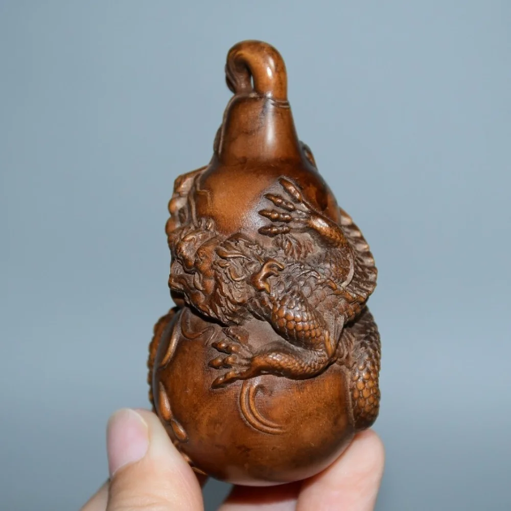 Hand Carved Boxwood Dragon Wrapped Gourd Figurine Vintage Wooden Loong Hulu Pendant Desktop Decor Craft Gift