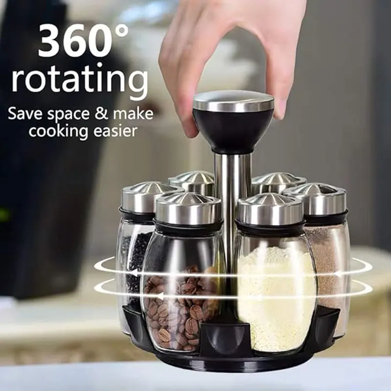 1/7Pcs Kitchen Rotating Glass Spice Jar Set Seasoning Salt Sugar Pepper Shakers Holder Storage Rack Kitchen Organizer