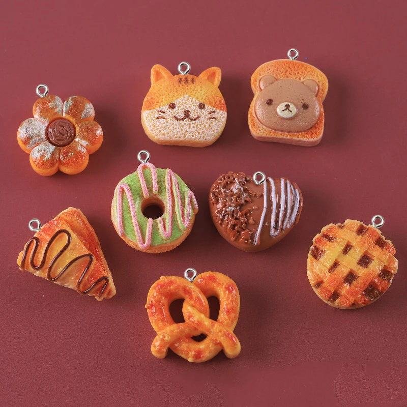 10Pcs Cute Simulation Food Cake Charms Resin Donut Cat Bread Little Bear Toast Pendant for Jewelry Making DIY Keychain Accessory