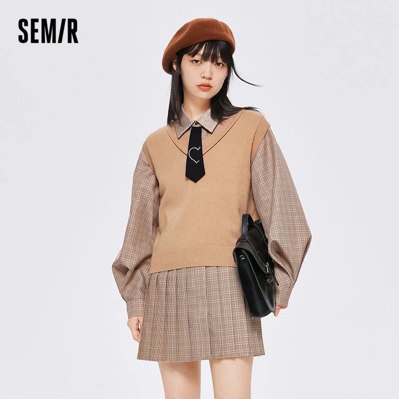 Semir Set Women V-Neck Knitted Tank Top Plaid Shirt & Dress 2023 Autumn New Loose Two Piece Set College Style